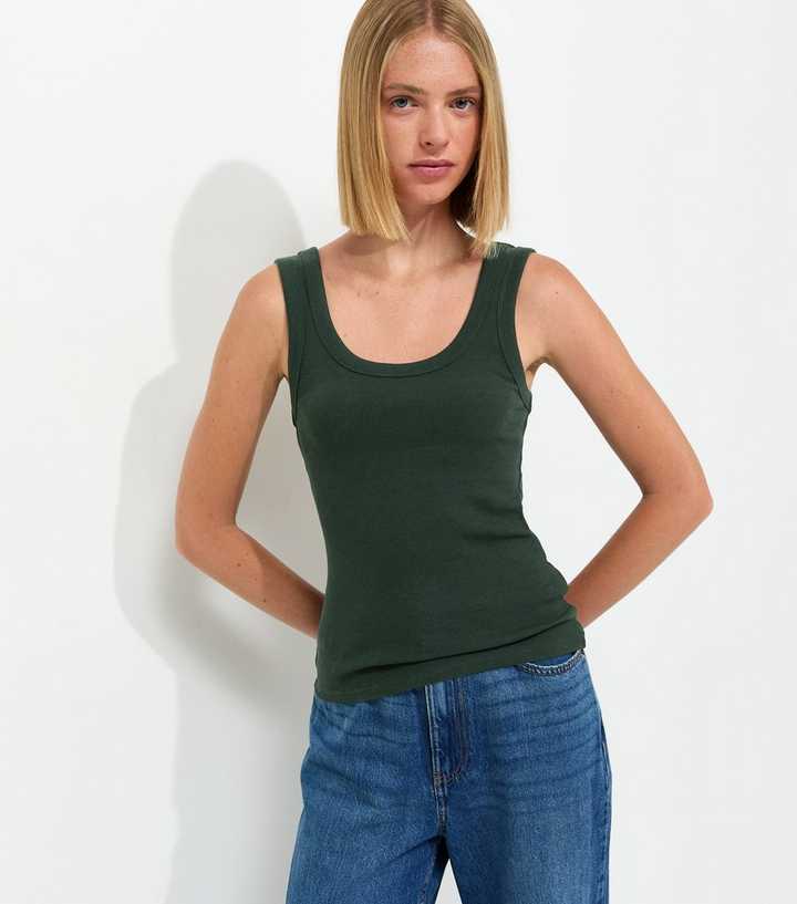 Dark Green Cotton Rich Scoop Neck Vest Top
