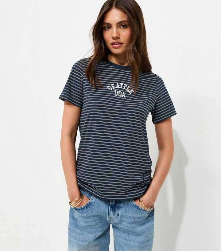Blue Cotton Rich Striped Seattle USA Embroidered T-Shirt