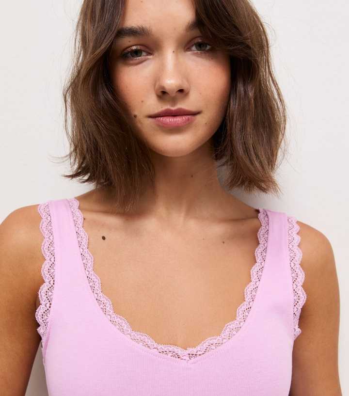 Light Pink Cotton Rich Lace Trim V-Neck Vest