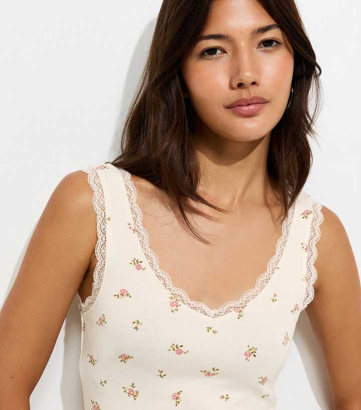 Cream Cotton Rich Floral Lace Trim V-Neck Vest