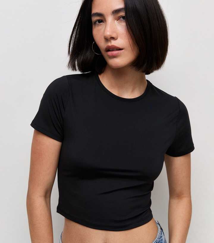 Black Jersey Crew Neck Cropped T-Shirt