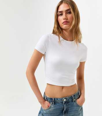 Off White Jersey Crew Neck Cropped T-Shirt