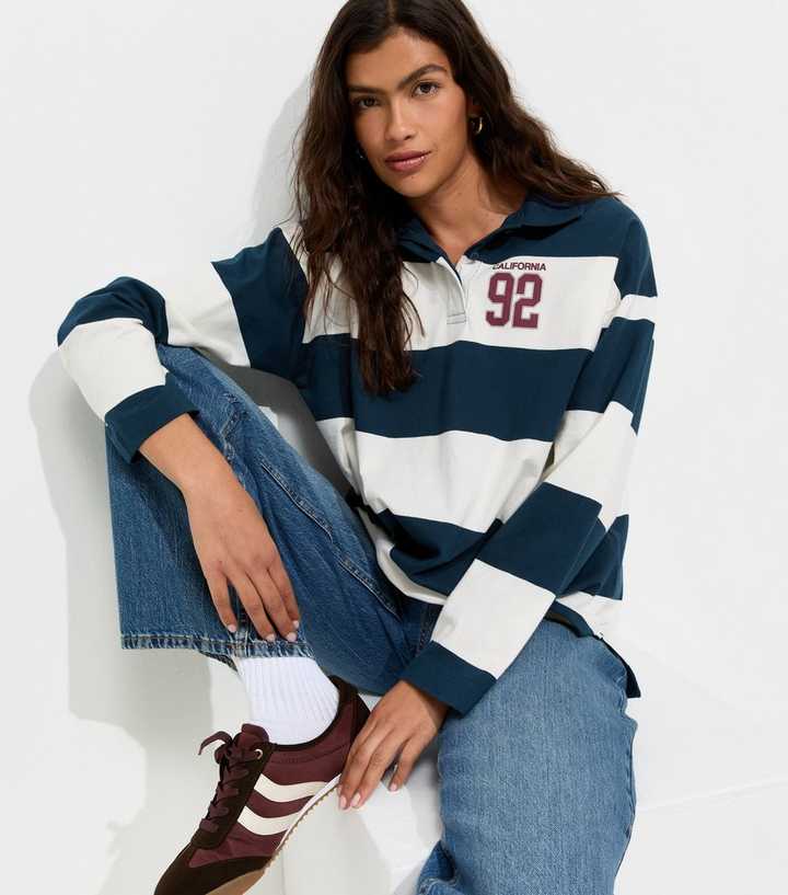 Blue Cotton California 92 Print Long Sleeve Rugby Top