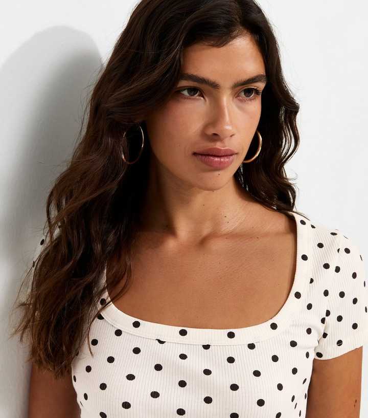 Cream Cotton Rich Polka Dot Square Neck T-Shirt
