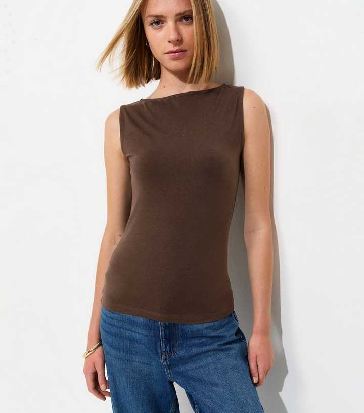 Dark Brown Cotton Rich Slash Neck Vest Top