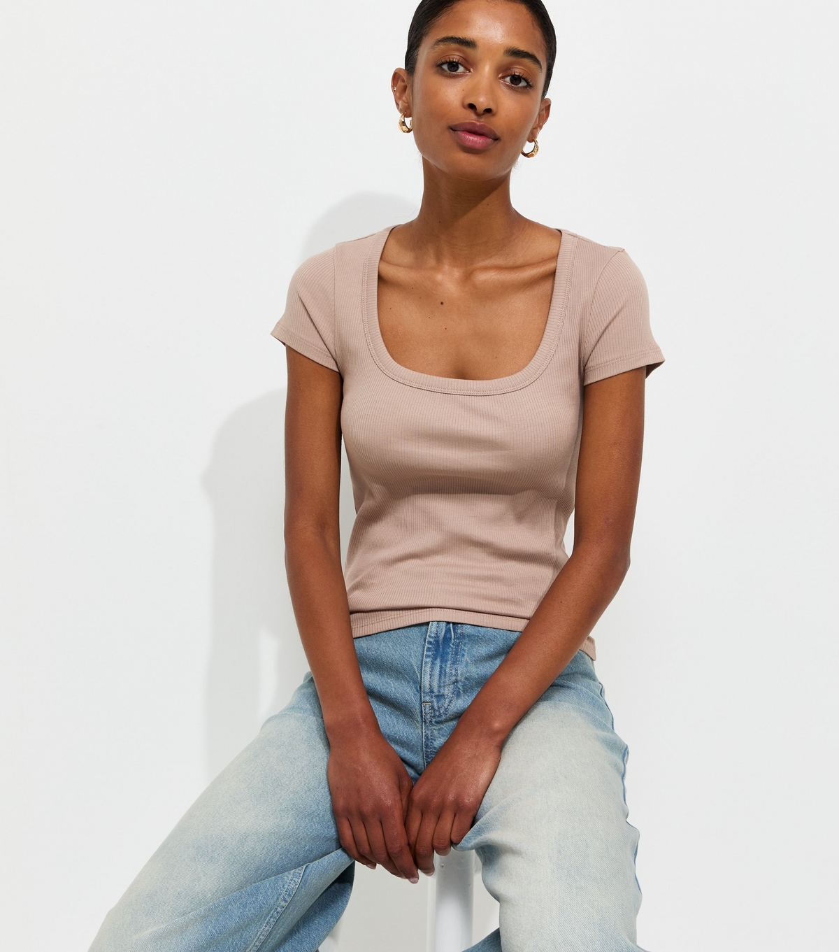 Women's Stone Cotton Rich Square Neck T-Shirt New Look
