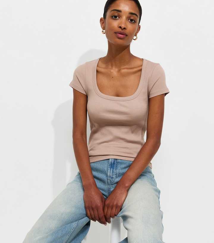 Stone Cotton Rich Square Neck T-Shirt
