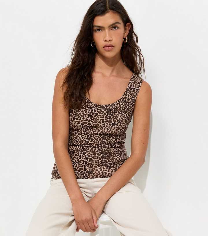 Brown Cotton Rich Leopard Print Wide Trim Scoop Neck Vest Top
