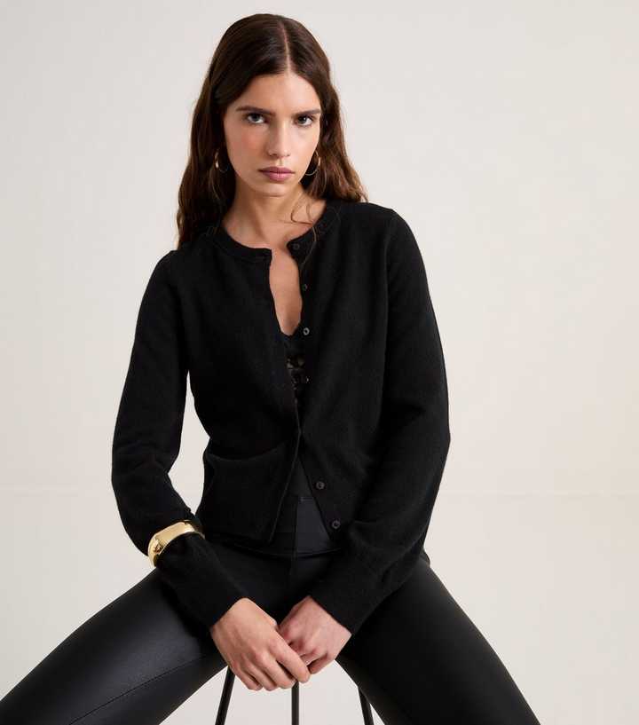 Premium Black Pure Cashmere Crew Neck Cardigan