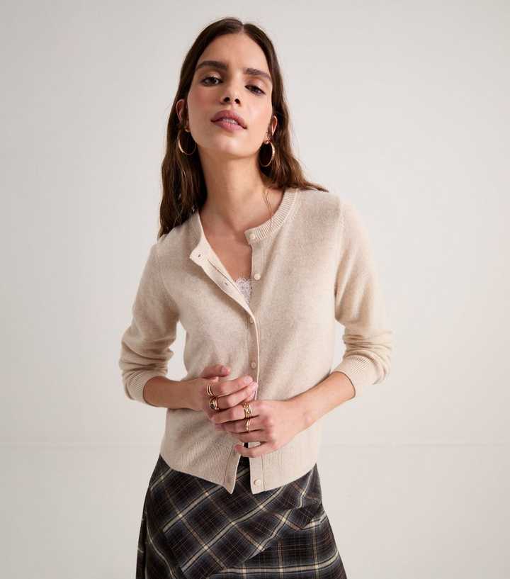 Premium Oatmeal Pure Cashmere Crew Neck Cardigan