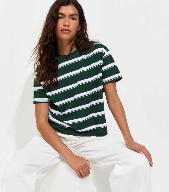 Green Cotton Striped Boxy Fit T-Shirt