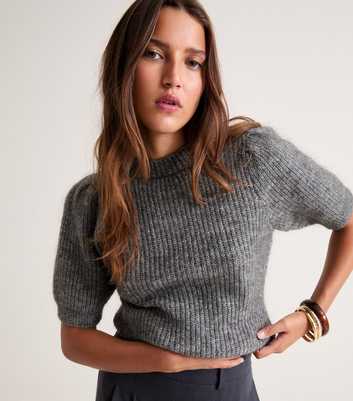 Premium with Mohair Grey Ribbed Knit Short Sleeve Top 