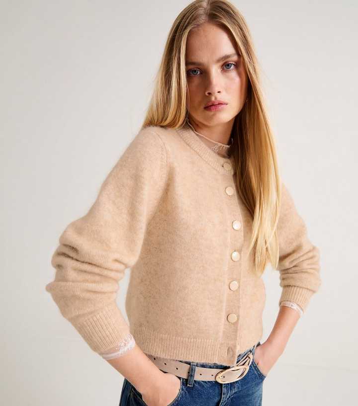 Premium Mohair Wool Blend Oatmeal Crew Neck Cardigan