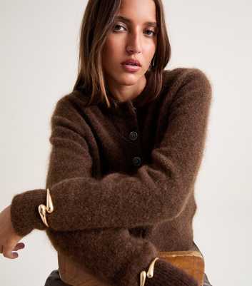 Premium Mohair Wool Blend Brown Crew Neck Cardigan