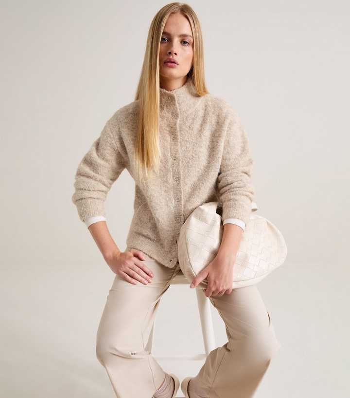 Premium Light Mink Funnel Neck Knitted Cardigan with Wool