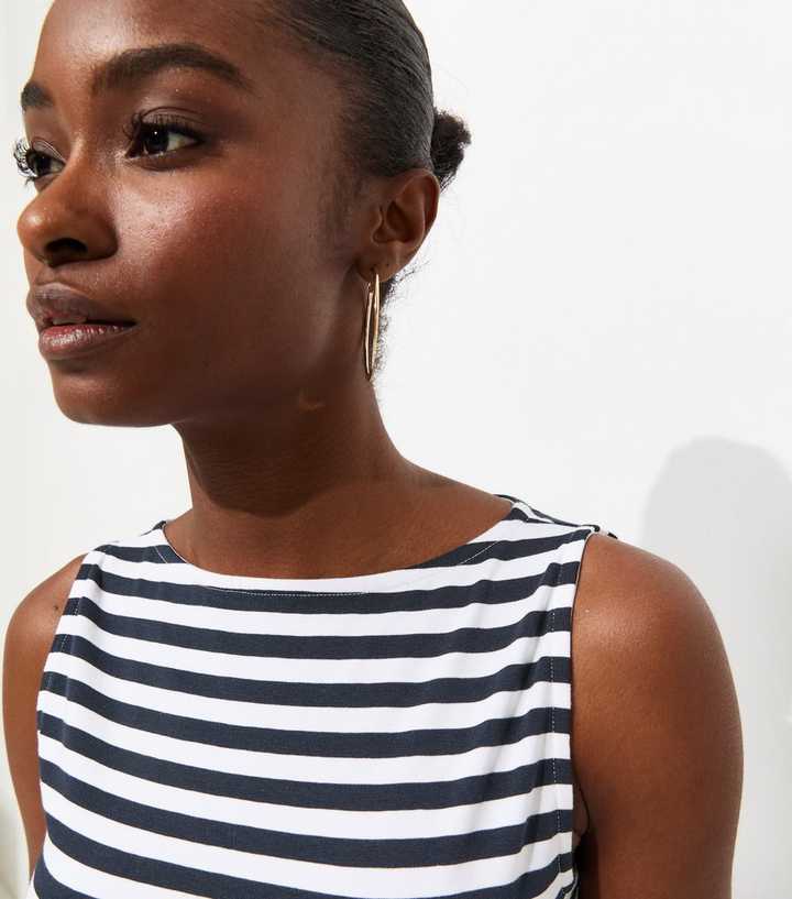 Dark Blue Striped Slash Neck Top