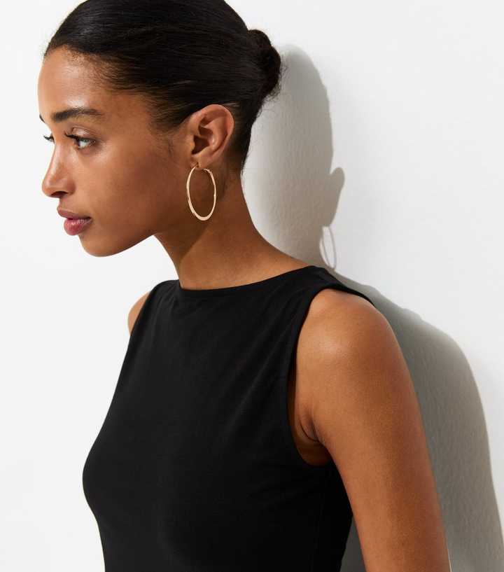 Black Cotton Rich Boat Neck Sleeveless Top