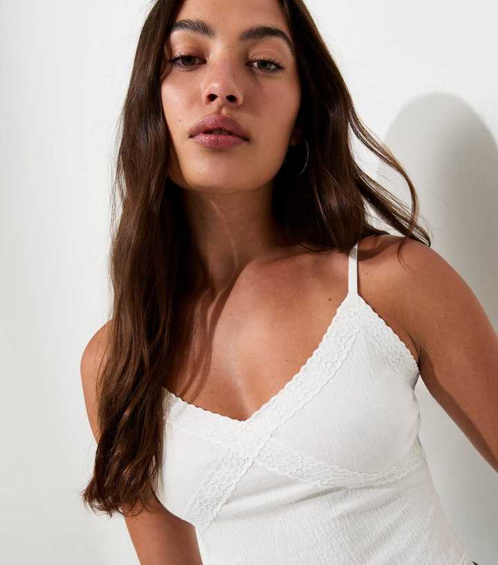 White Cotton Rich Crinkle Texture Lace Trim Cami Top