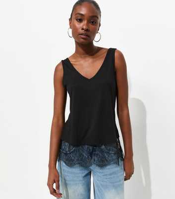 Black Lace Trim Relaxed V-Neck Vest