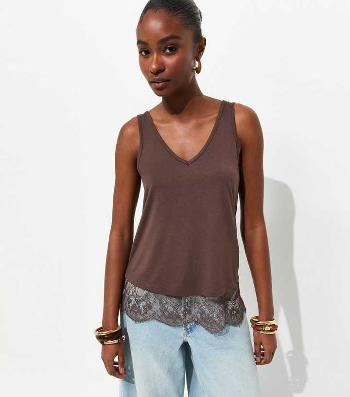 Brown Lace Trim Relaxed V-Neck Vest