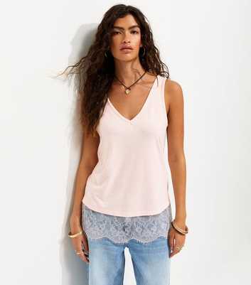 Light Pink Lace Trim Relaxed V-Neck Vest