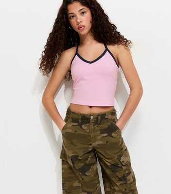 Girls Light Pink Contrast Trim Halter Neck Top