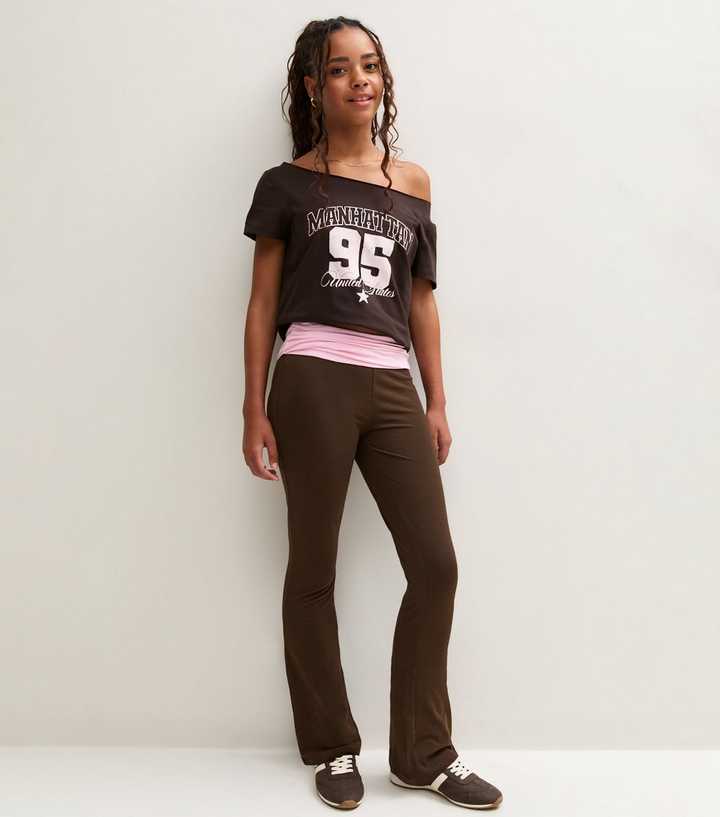 Girls Brown Cotton Rich Fold Waist Flared Leggings