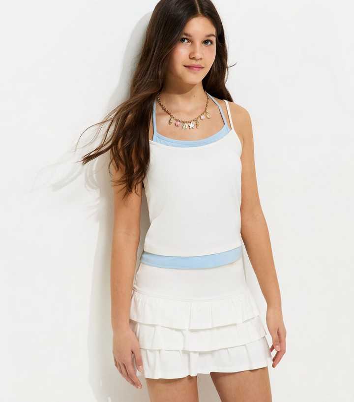 Girls White 2 In 1 Jersey Halter Neck Top