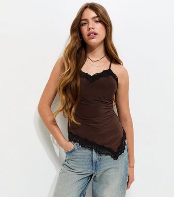 Girls Dark Brown Lace Trim Asymmetric Cami Top