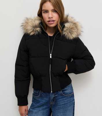 Girls Black Faux Fur Hood Puffer Jacket