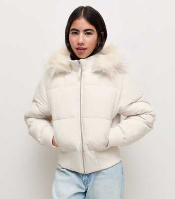 Girls Off White Faux Fur Hood Puffer Jacket