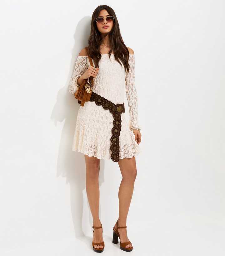 Cream Asymmetric Dropped Waist Long Sleeve Lace Mini Dress