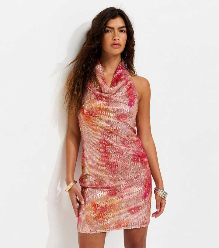 Pink Sequin Embellished Patterned Cowl Neck Mini Dress