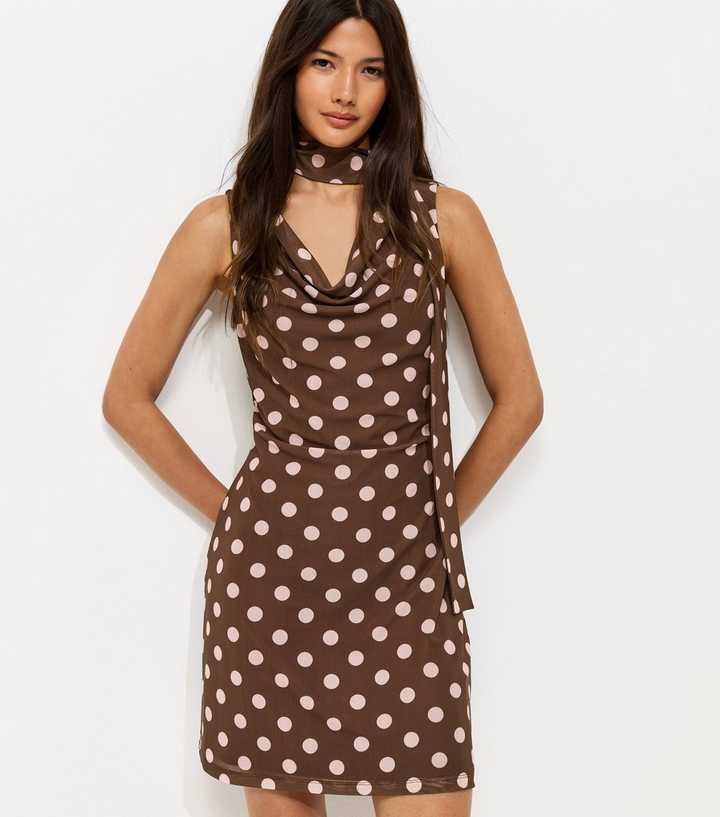 princess polly baby blue dress Light Blue & Brown Polka Dot Linen Blend Mini Dress