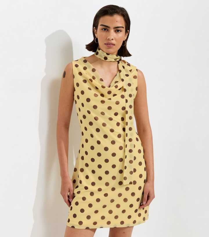 Yellow Polka Dot Cowl Neck Mesh Mini Dress