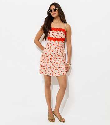 Pink Crinkle Texture Floral Print Lace Trim Strappy Mini Dress
