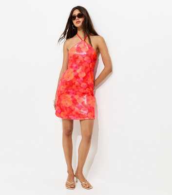 Red Floral Sequin Embellished Halter Mini Dress