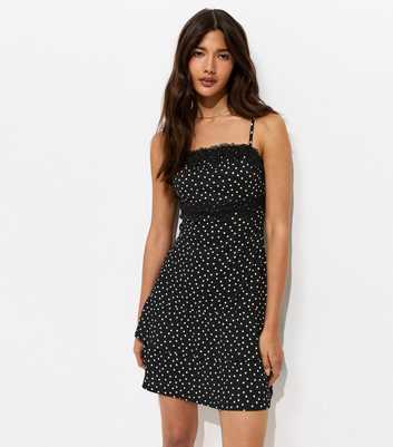 Black Polka Dot Lace Bust Cami Strap Mini Dress