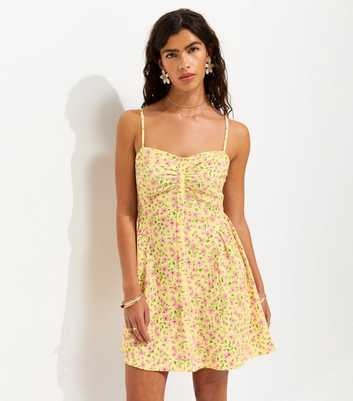 Yellow Crinkle Texture Strappy Floral Print Ruched Mini Dress