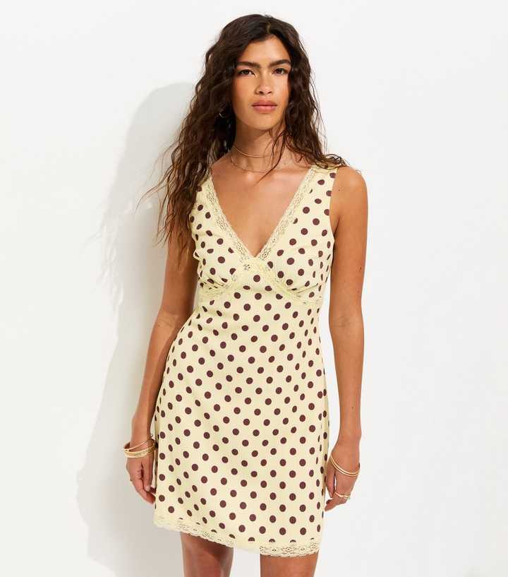 Light Yellow Crinkled Polka Dot Sleeveless Mini Dress