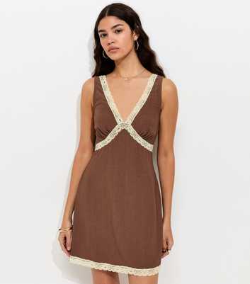 Brown Crinkle Texture V-Neck Lace Trim Mini Dress
