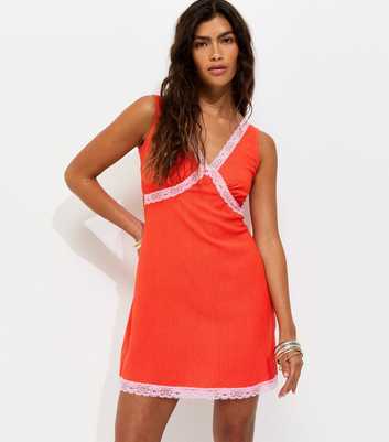 Bright Red Crinkle Texture V-Neck Lace Trim Mini Dress