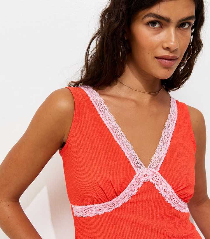 Bright Red Crinkle Texture V-Neck Lace Trim Mini Dress | New Look