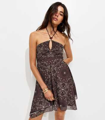 Brown Bead Detail Paisley Print Handkerchief Hem Mini Dress