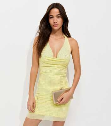 Light Yellow Mesh Diamanté Halterneck Mini Dress