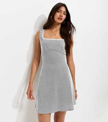 Blue Striped Textured Square Neck Mini Dress