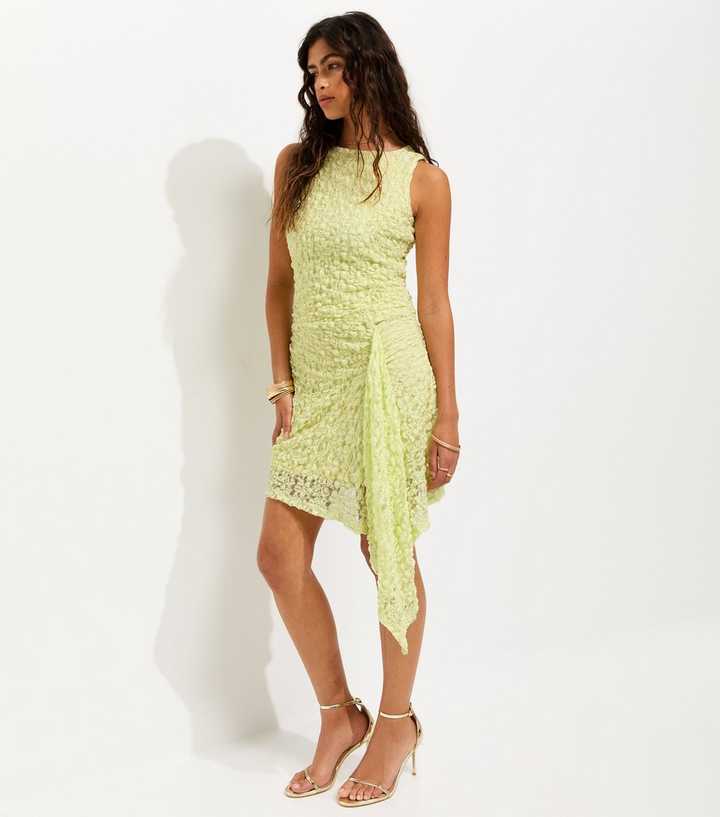 asymmetrical mini dresses Light Yellow Lace Sleeveless Asymmetric Dress Fierce | Lemon Print Size:0 (XS) 36 inches