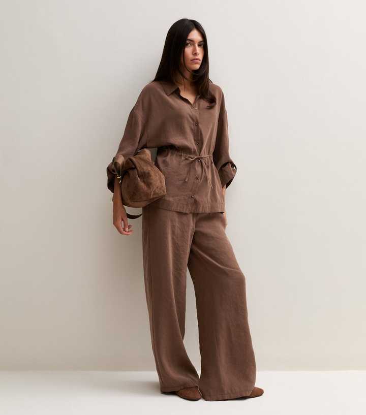Dark Brown Drawstring Wide Leg Trousers