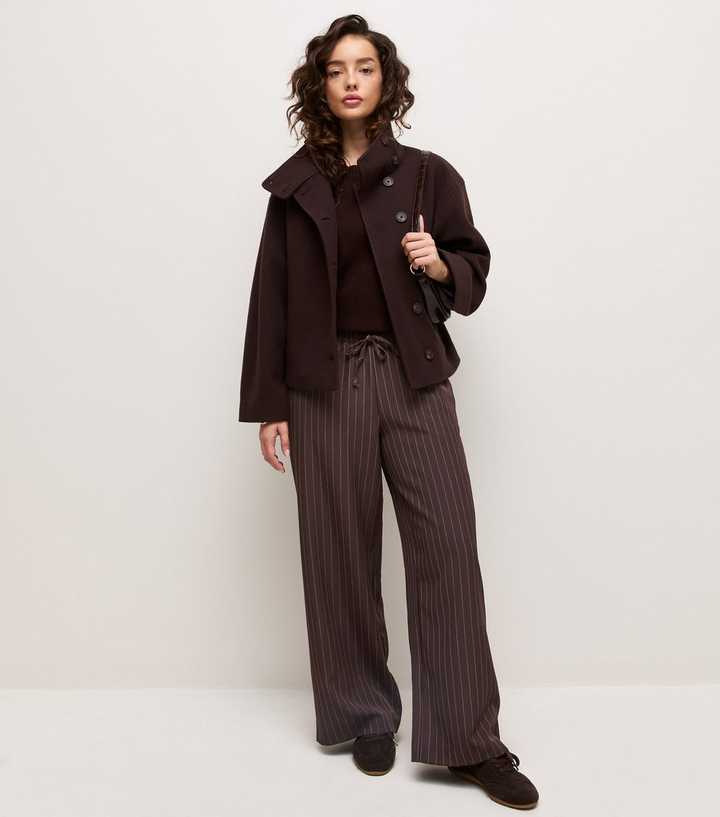 Petite Brown Woven Pinstripe Wide Leg Tailored Trousers