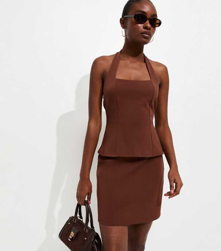 Dark Brown Halterneck Peplum Mini Dress